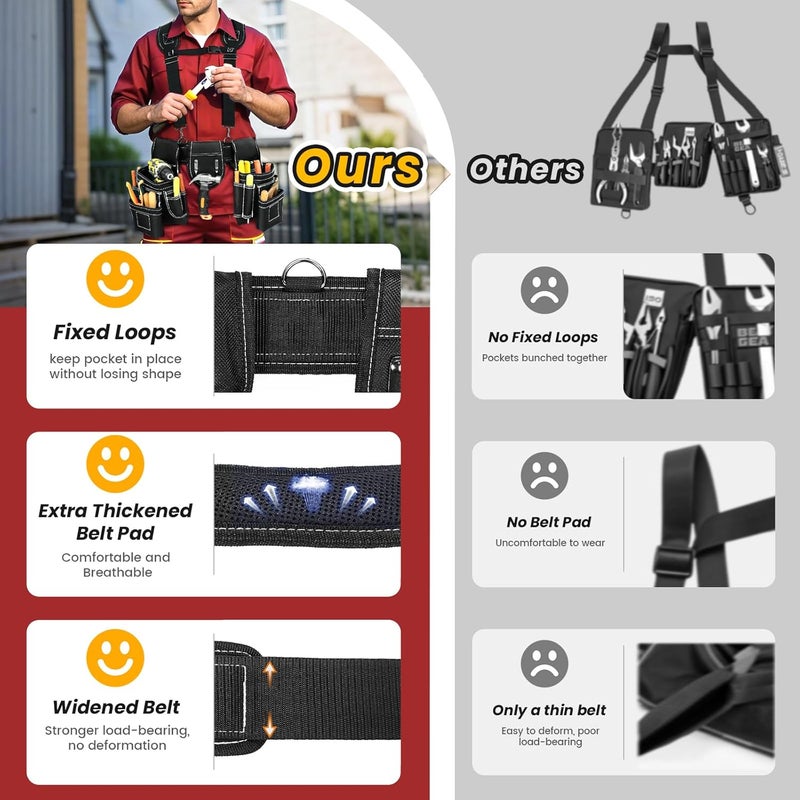 TEKCHIC Tool Belt, Professional Tool Belts for Men, Magnetic Tool Pouch With Suspenders, Heavy Duty Detachable Adjustable Utility Belt Work Bags for Electrician, Carpenter (Black, 32''-66'') - Image 4